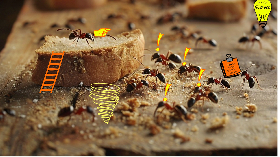 A group of ants swarming over sliced bread on a wooden cutting board. The ants work together with precision and purpose, symbolizing natural delegation and coordination. A visual metaphor for how QA teams can function when roles are clear, tasks are distributed, and no piece of work is left unattended.