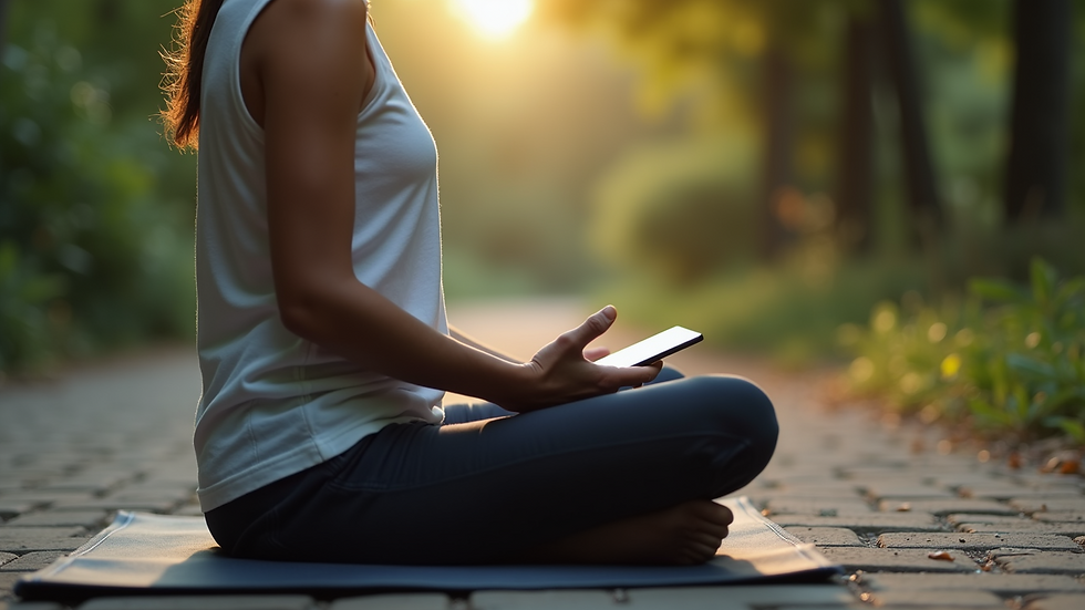 Close-up view of a person meditating with a digital device