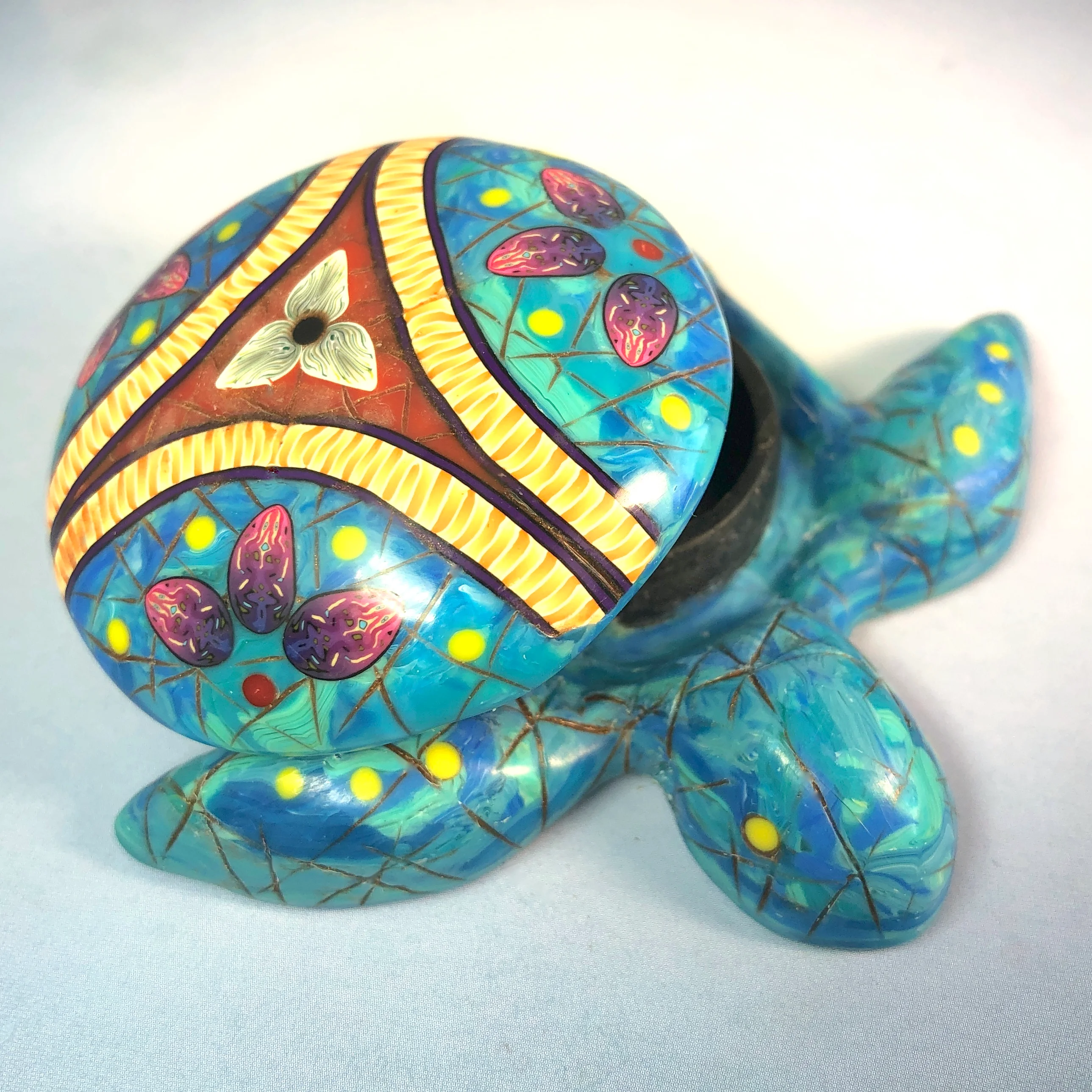 Small Turquoise Coral Mandala Sea Turtle Box Polymerclay 1