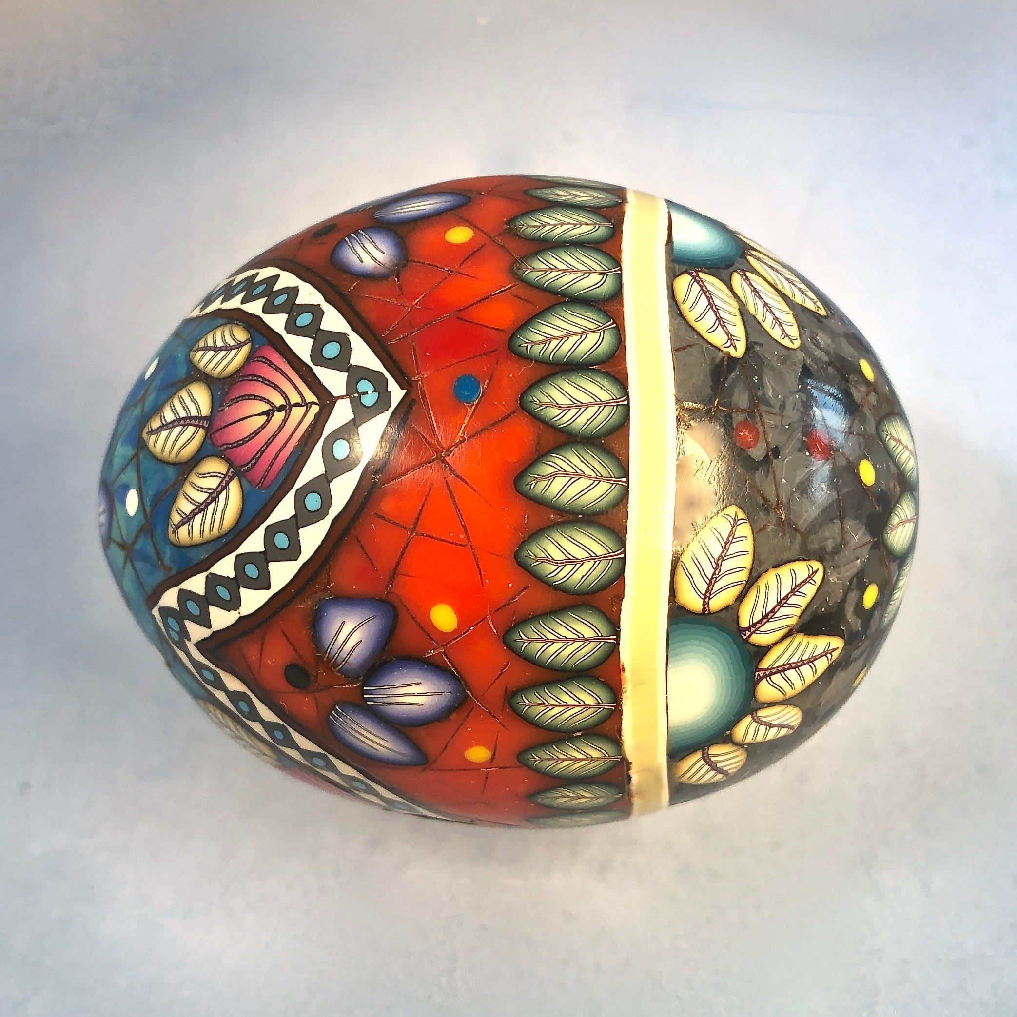 Turquoise/Black Marble/Red Coral Stripes & ZigZag Easter Egg