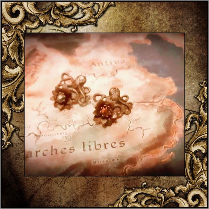 Miniature : Puce d'Oreille Boucle Steampunk Poulpe Pieuvre Octopus Kraken Fleur Strass Marin