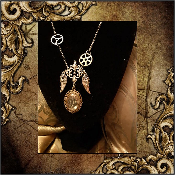 Miniature : Collier Steampunk Vintage Ethnique Retro Cabochon Aile Ange Engrenage Argnetée