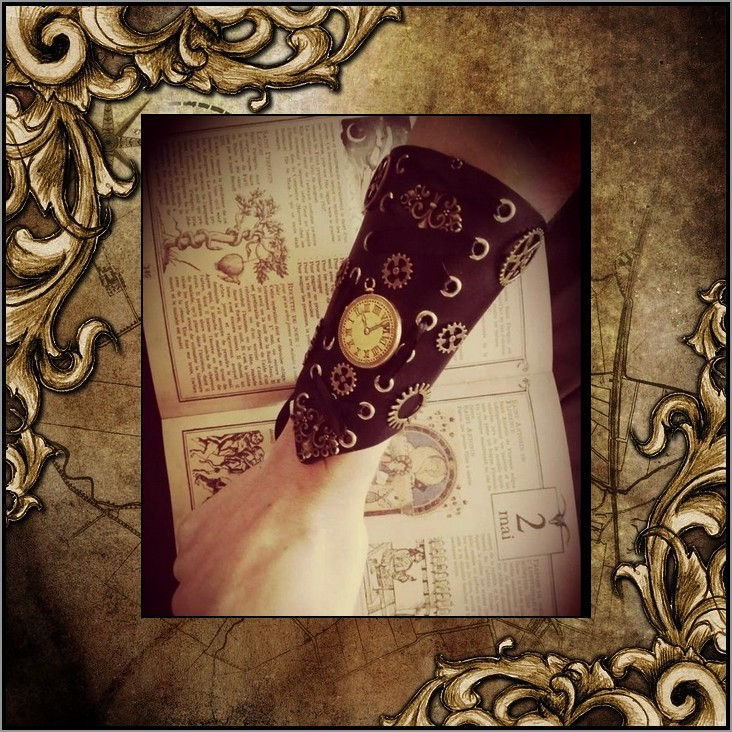 Miniature : Bracelet Manchette Cuir Noir Véritable Engrenage Steampunk Mécanisme d'Horlogeri