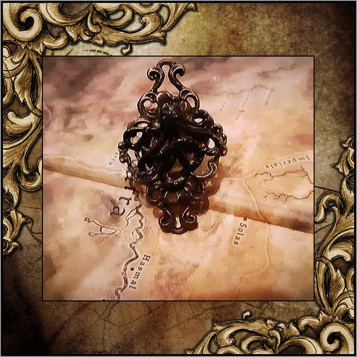Miniature : Bague Steampunk Estampe Grosse Poulpe Pieuvre Kraken Octopus Bronze