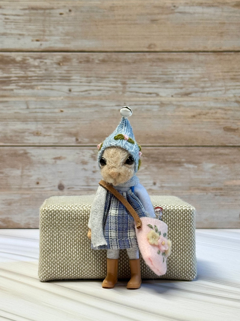 Thumbnail: Extra small needle felted mouse with bag and bottle. 