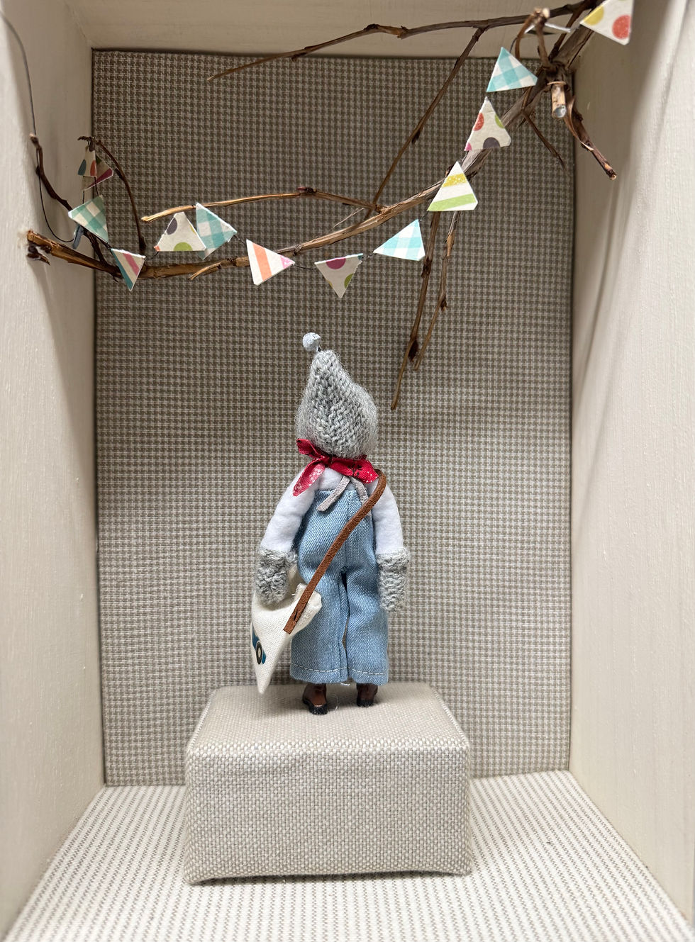 Thumbnail: Needle felted boy mouse in dungarees. 