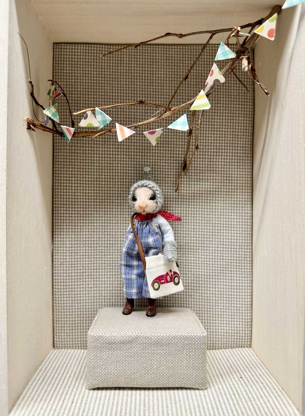 Thumbnail: Needle felted boy mouse in dungarees. 
