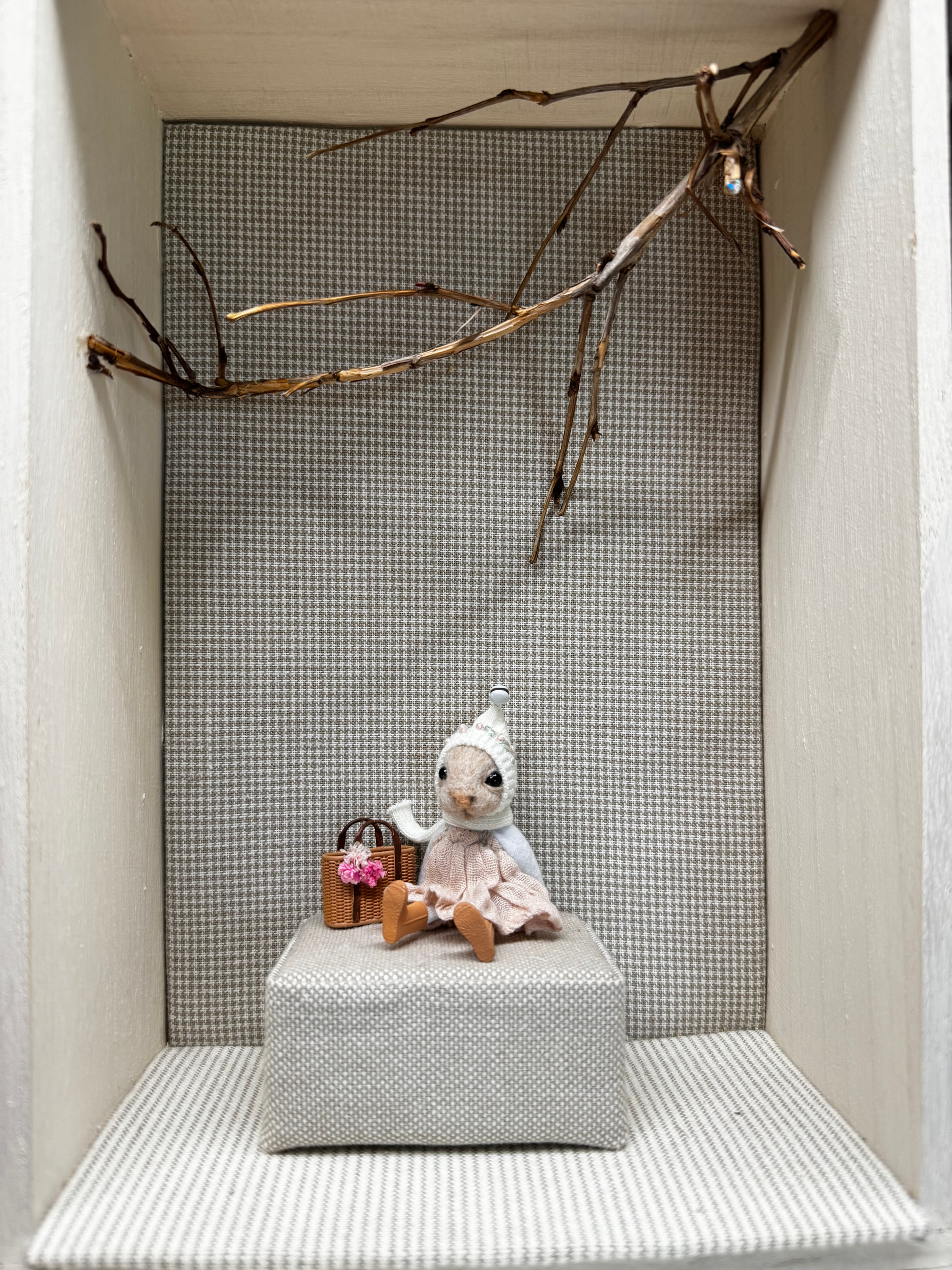 Extra small needle felted mouse in ruffle dress  