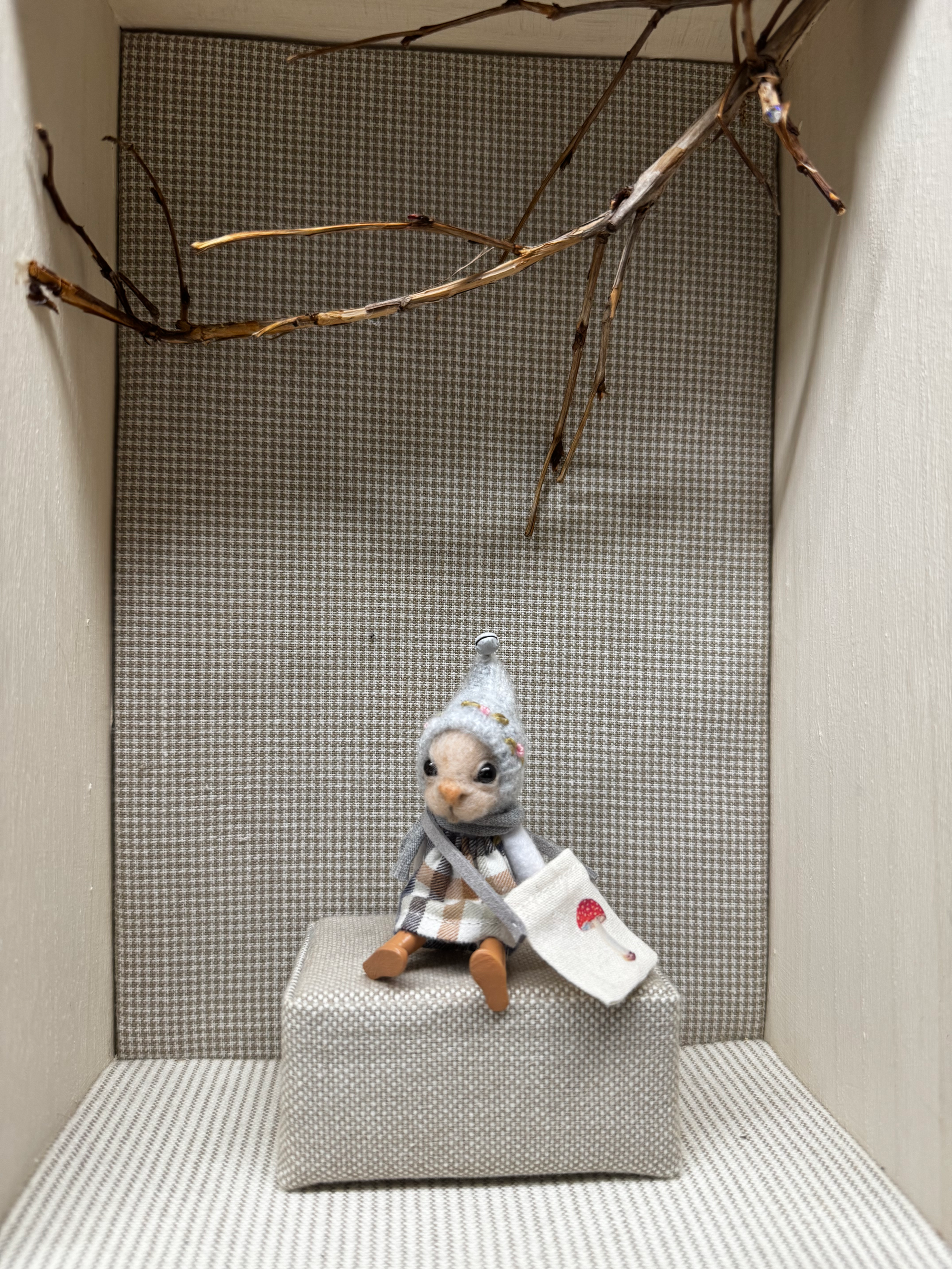 Extra small needle felted mouse in embroidered hat. 