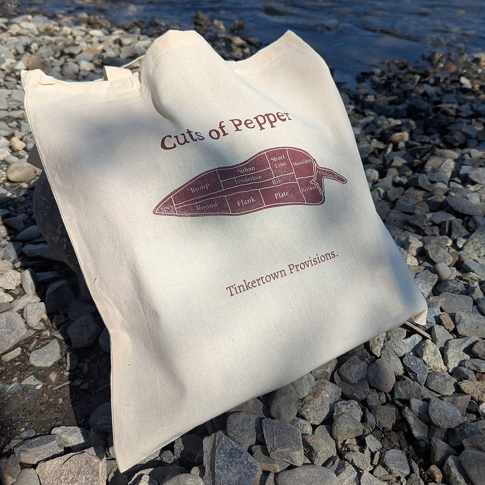 Our Cuts of Pepper Tote Bag on a rocky beach with water behind it.