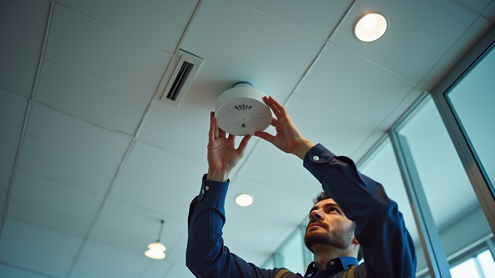 Eye-level view of a technician installing a WiFi access point on a ceiling in an office