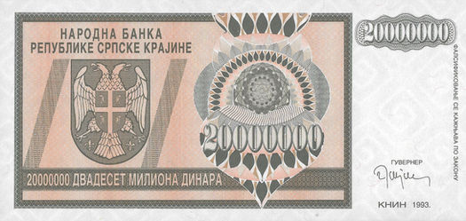 20.000.000 Dinaras – 1993 – República Sérvia de Krajina