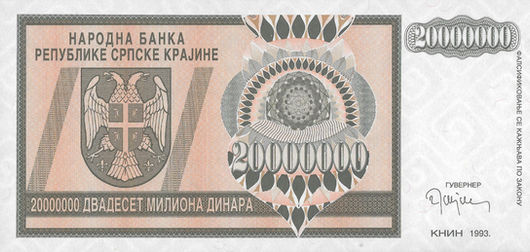 20.000.000 Dinaras – 1993 – República Sérvia de Krajina