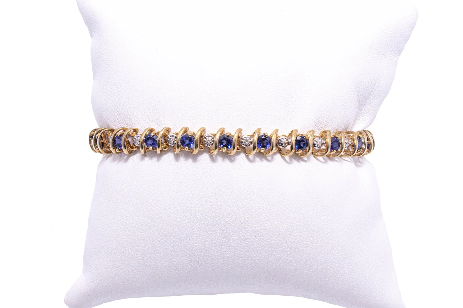 14 Karat Yellow Gold Ceylon Sapphire & Diamond Tennis Bracelet