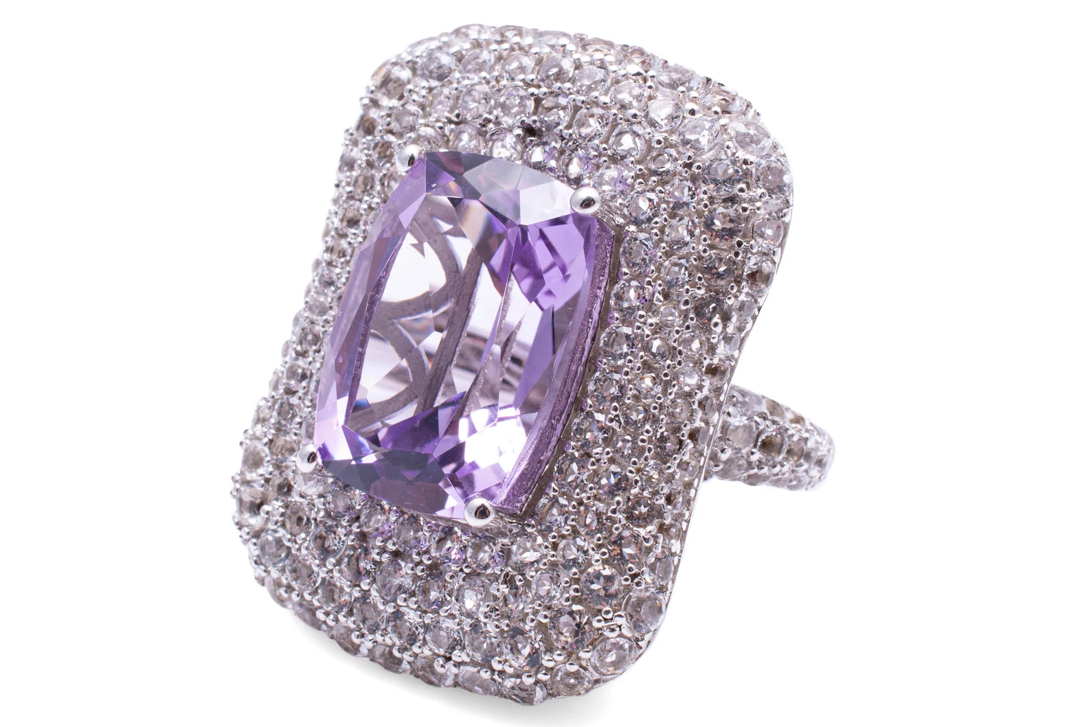 Sterling Silver Amethyst & White Topaz Chunky Cocktail Statement Estate Ring