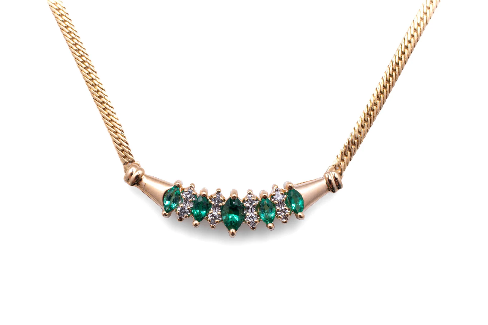 14 Karat Yellow Gold Diamond & Lab Created Marquise Emerald Estate Necklace