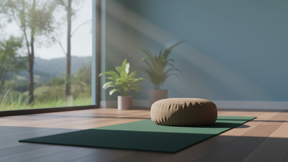 Eye-level view of a yoga mat and meditation cushion in a calm studio
