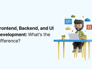 Illustration of a person at a blue desk with a laptop, surrounded by coding icons. Text: "Frontend, Backend, and UI Development: What's the difference?"