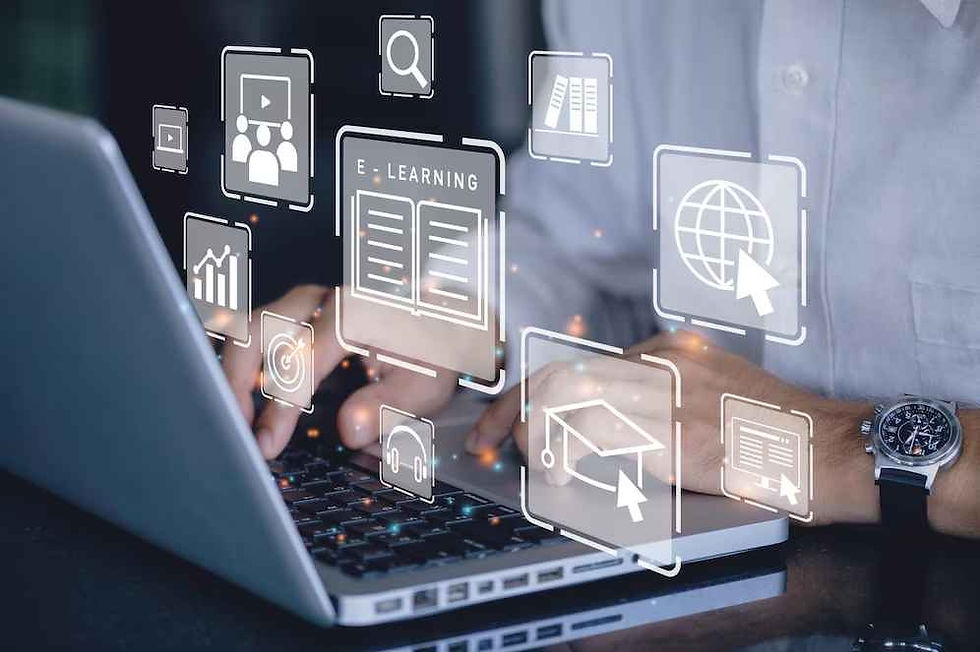 Hands typing on a laptop with virtual icons like e-learning, graphs, and a globe floating above, suggesting a digital learning environment.