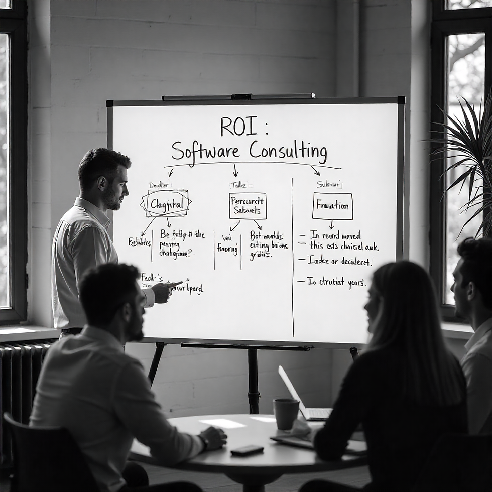 Man presenting on "ROI: Software Consulting" at a flip chart. Three seated people watch attentively. Bright room with large windows.