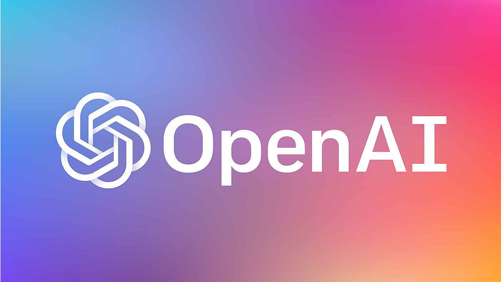 OpenAI logo with white text on a gradient background of blue, purple, and pink, featuring a circular, interconnected design on the left.