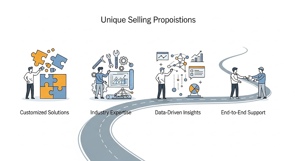 Illustration of a road with figures and graphics depicting Customized Solutions, Industry Expertise, Data-Driven Insights, End-to-End Support.