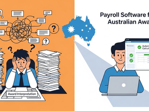 Two panels: left shows a stressed person with papers labeled Award Interpretation; right shows a calm person using payroll software for Australian Awards.