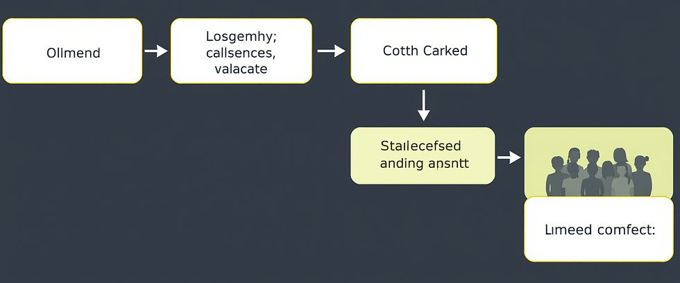 Flowchart with boxes labeled "Olimend," "Losgemhy; callsences, valacate," "Cotth Carked," "Stalecefseed anding apsntt," leading to silhouettes of people. Background is dark gray.