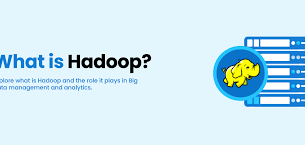 Text reads "What is Hadoop?" with servers and a yellow elephant logo on a blue background, highlighting big data management and analytics.