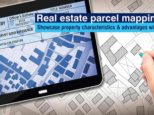 Tablet displaying land registry map with hand holding a pencil. Text reads "Real estate parcel mapping." Background shows more maps.