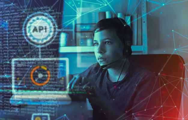 Person with headset focuses on a computer screen with API code overlay, in a tech-themed room. Blue and red digital graphics surround.