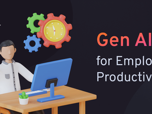 3D person at a desk with a computer, gears, and clock icons above. Text: "Gen AI for Employee Productivity." Dark background.