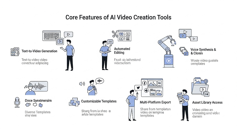 Diagram showing core features of AI video tools, including text-to-video, automated editing, voice synthesis, and asset access.