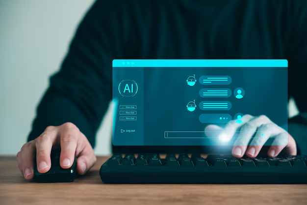 Hands typing on a keyboard with a virtual interface displaying AI chat icons. The background is dark, creating a tech-focused mood.