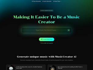 MusicCreator AI website homepage with green text "Making It Easier To Be a Music Creator." Features music creation tools, dark background.