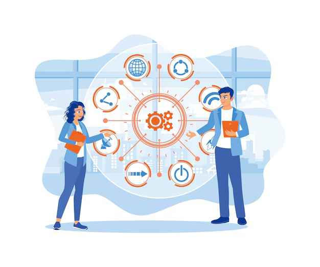 Two people discuss tech concepts in front of a digital interface with icons. They hold orange folders. Background shows cityscape and windows.
