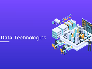 Illustration of data center with people on computers, servers, and a security guard. Text reads "Big Data Technologies" on a purple background.