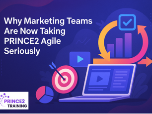 Laptop with graphs, charts, and arrows on a blue background. Text: "Why Marketing Teams Are Now Taking PRINCE2 Agile Seriously." Logo: "PRINCE2 Training."