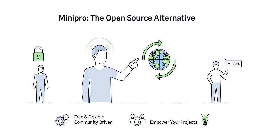 An illustration promoting "Minipro: The Open Source Alternative" with a person pointing at a globe, security, and innovation icons.