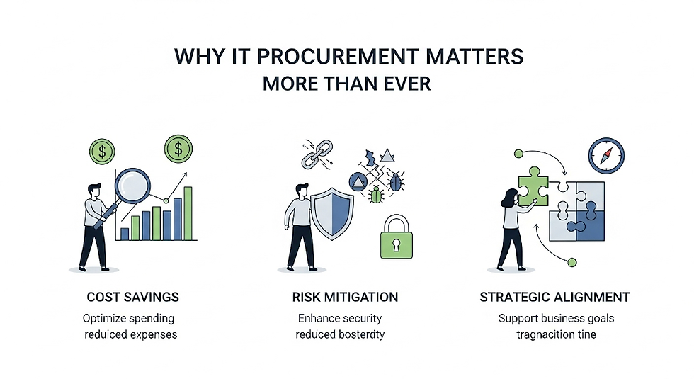 Three cartoon figures illustrate IT procurement benefits: cost savings, risk mitigation, and strategic alignment, highlighted with icons.