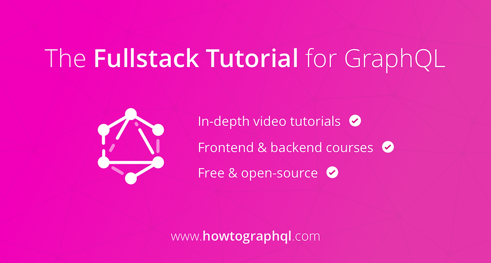 GraphQL tutorial ad with logo on pink background. Text: "In-depth video tutorials, Frontend & backend courses, Free & open-source." Howtographql.com.