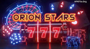 Neon-lit casino scene with "ORION STARS" text, red 777, roulette wheel, dice, and playing cards in vibrant blue and red hues