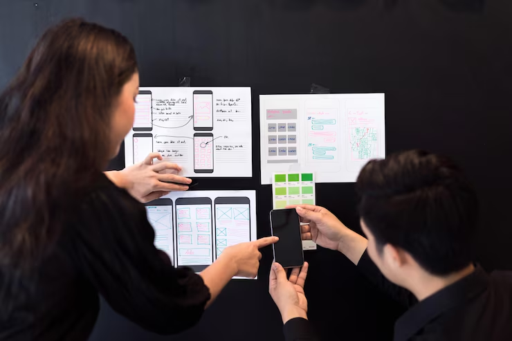 Two people discuss design wireframes on a black table, with one pointing at a smartphone. Papers show sketches and color samples.