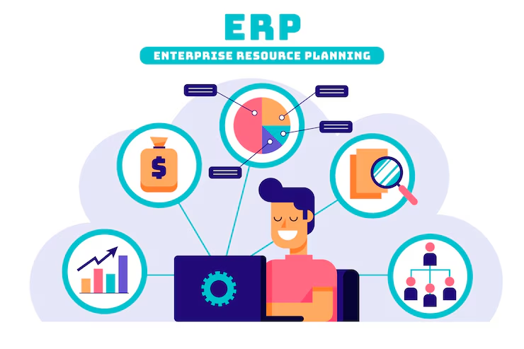 Smiling person at laptop with "ERP" text above. Icons around show money, graph, pie chart, documents, and a hierarchy in a colorful setting.