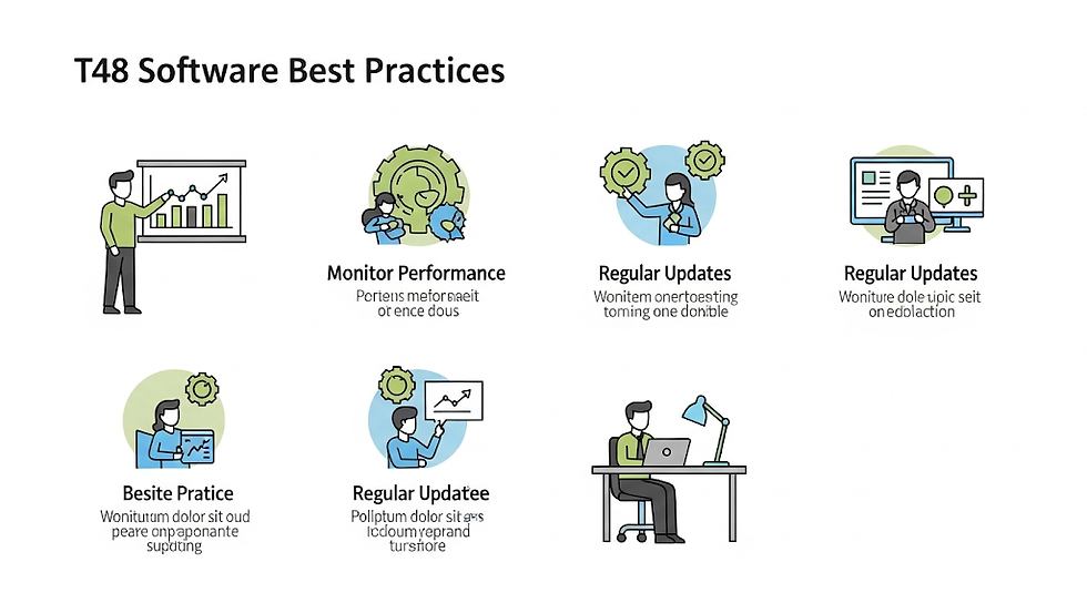 T48 Software Best Practices chart with illustrations: graphs, gears, computer, and people working. Includes headings like Monitor Performance.