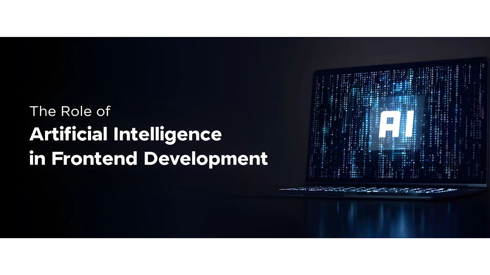 Text reads "The Role of Artificial Intelligence in Frontend Development" beside a glowing laptop with "AI" on its screen in a dark setting.