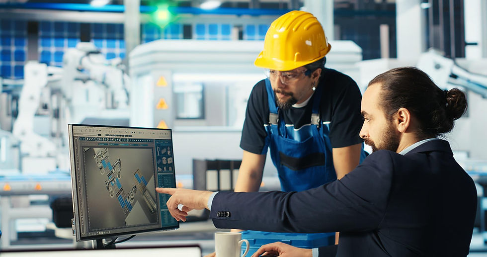 Two men in an industrial setting, one in a suit points at CAD designs on a monitor; the other wears a yellow hard hat and blue overalls.