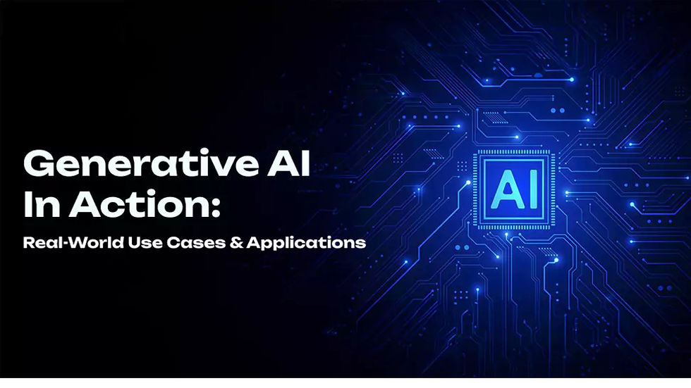 Blue digital circuit background, text "Generative AI In Action: Real-World Use Cases & Applications" in white. Tech-focused, futuristic mood.