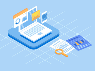 Illustration of a laptop, charts, and documents on a blue grid background. An envelope and magnifying glass symbolize data analysis.