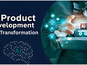Hands interacting with a tablet displaying AI icons; text reads "AI Product Development And Transformation" on a blue background.